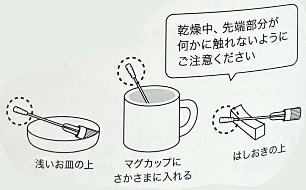 細胞採取後、採取棒の先端を乾かす3つの方法(説明書より)